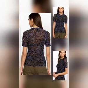 Johnny Was Jade Top L Whimsical Short Sleeve Semi Sheer Crew Neck Floral/Paisley